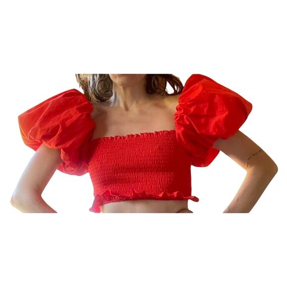 Zara Red Puffy Sleeve Croo Top S - Picture 1 of 4